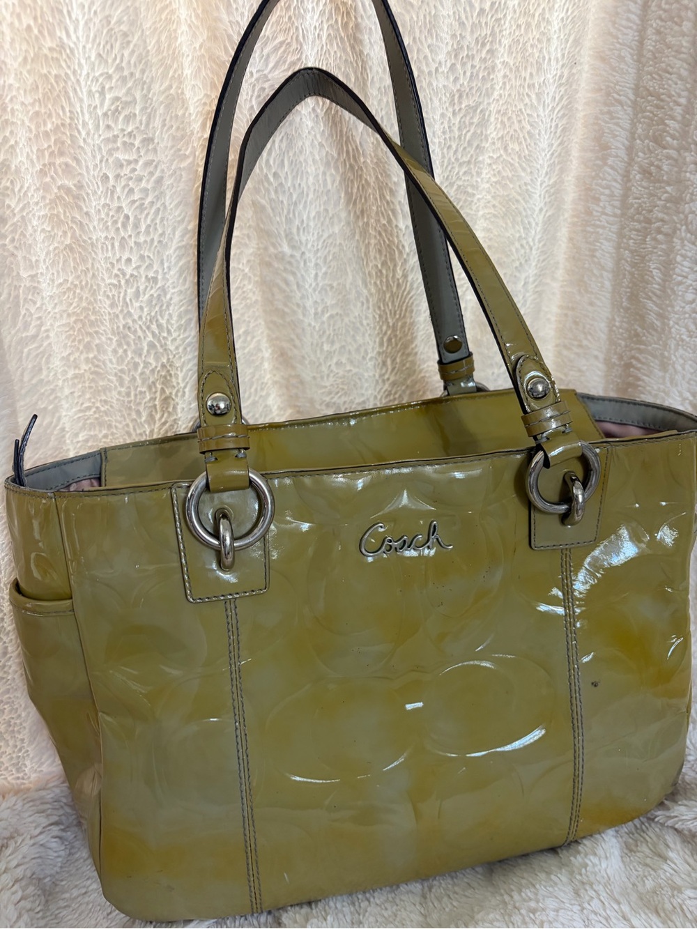 Coach Olive Patent Leather Tote with Silver Hardware - Picture 2 of 13